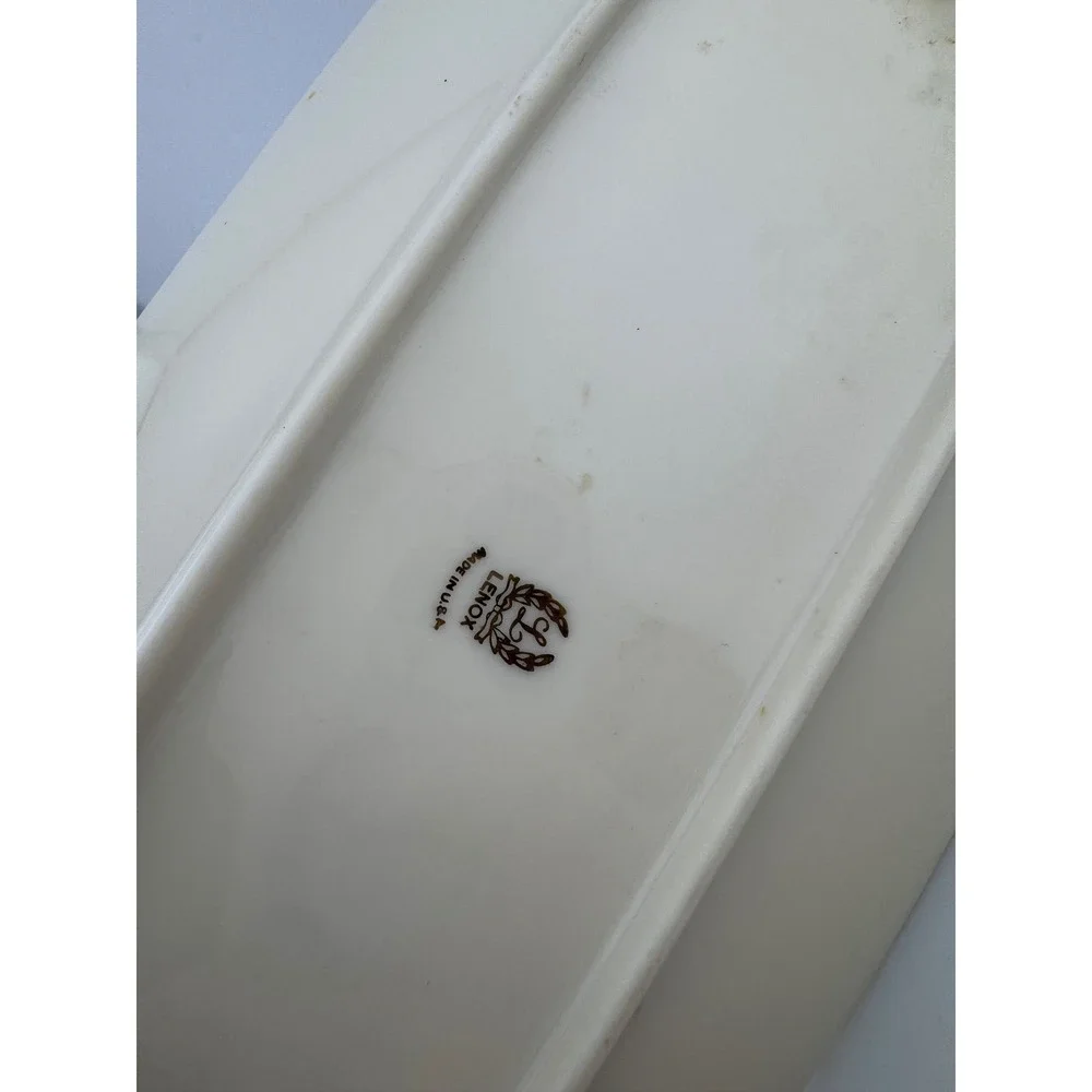 Lenox Cream Gold‎ Rimmed Oval Serving Tray Embossed Floral Design Handles